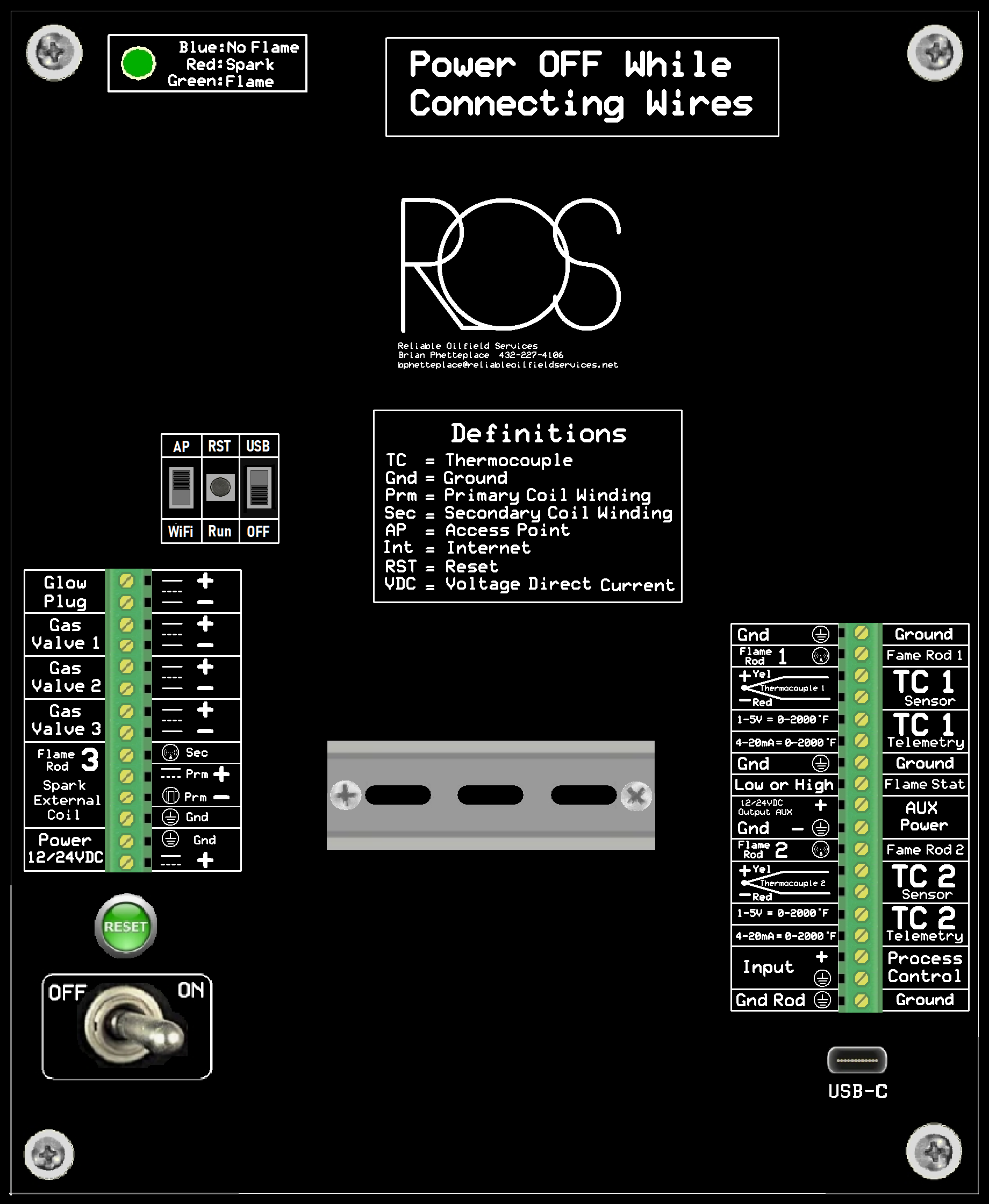 ROS BMS Control Panel with flame status indicators, spark status LEDs, and terminal connectors